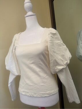 Anthropologie Cream Puff-Sleeve Square Neck Long Sleeve Top